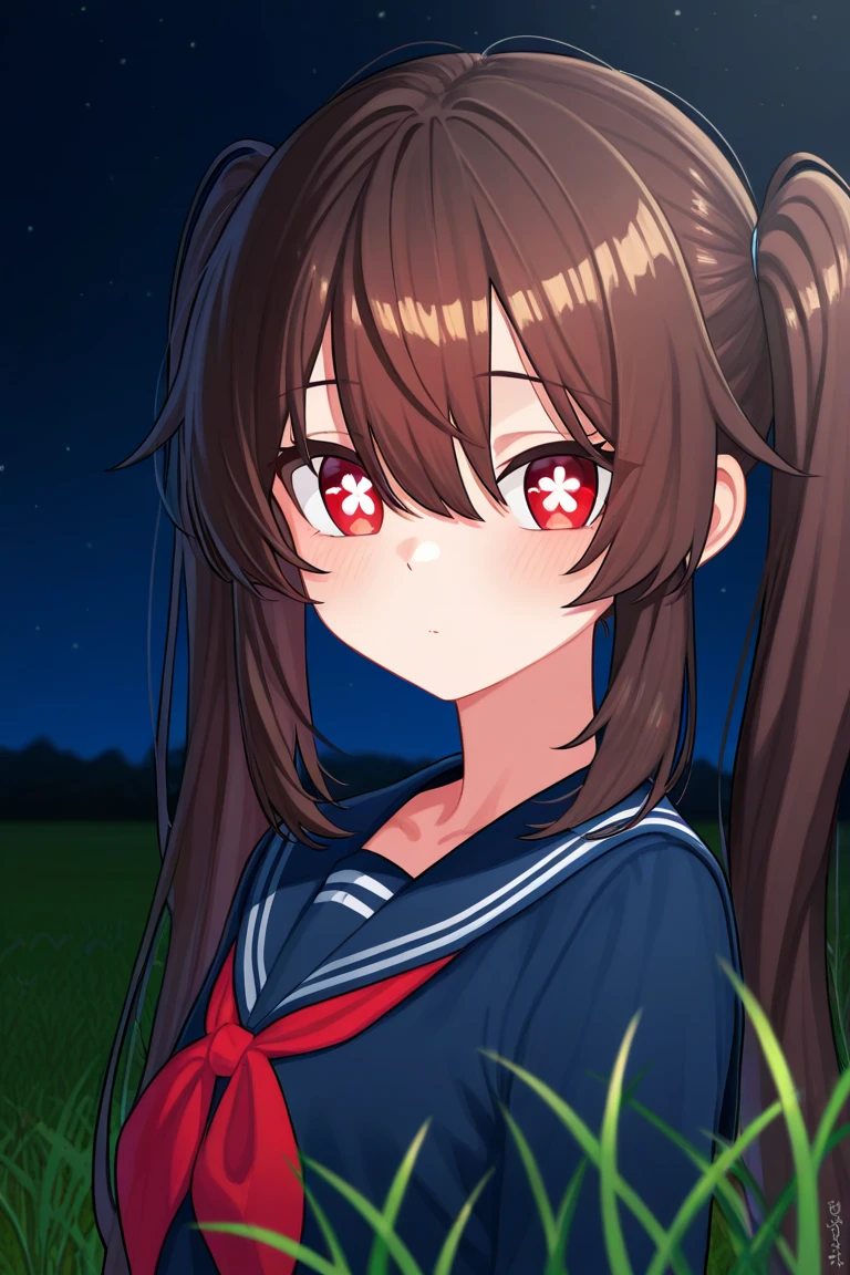 Girl, sailor uniform, glowing red eyes, brown medium length fluffy hair, shady, light skin, pretty, cute, holding and licking knife, insane, yandere, mentally unstable, deranged
