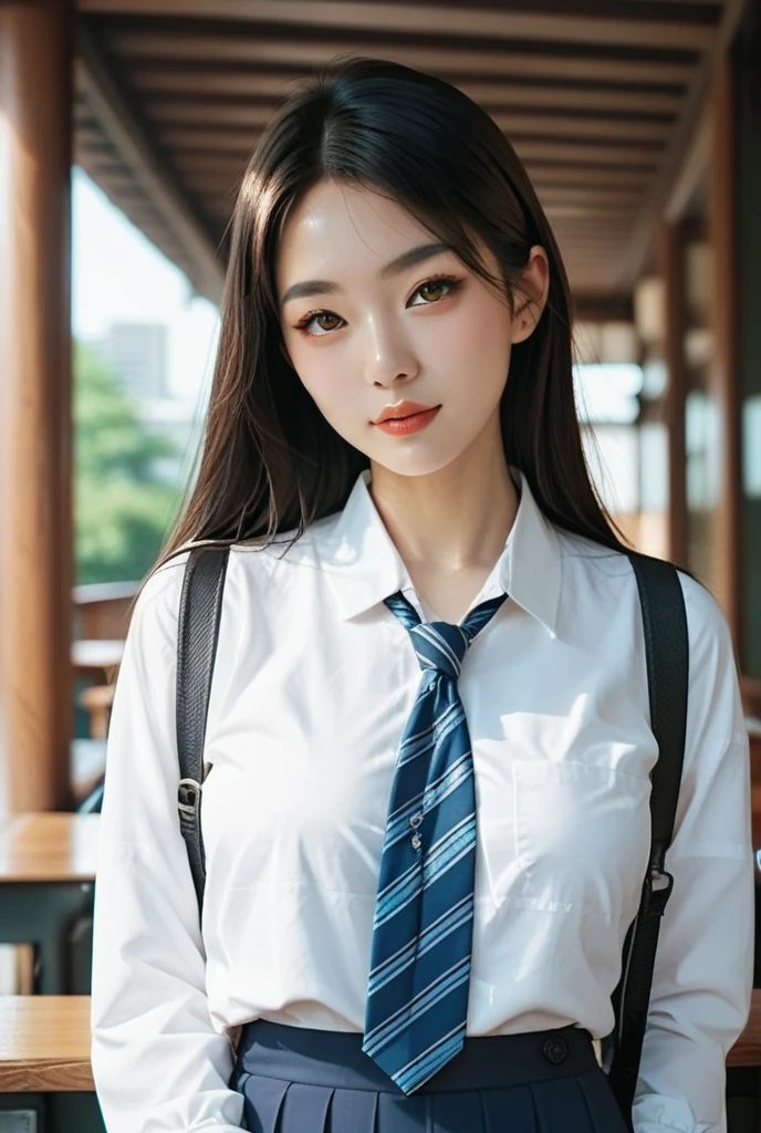 (table top:1.4, Photoreal:1.4, 8K), highest quality, masterpiece, ultra high resolution, perfect dynamic composition, big face、round face、((brown hair, long hair, French Braid))、Highly detailed skin and facial textures:1.3, Detail of limbs, 1 girl, Cute sexy 22 year old woman, (sunburn:1.2), ((completely enchants you:0.9)), ((school uniform, light blue collared short sleeve shirt, Striped tie)),Medium chest, (distant eyes, beautiful eyes, brown eyes、Eyes that feel beautiful eros:0.85), sexy face:0.4, (closed mouth、small mouth、thick lips、A taste of beautiful eroticism:0.85), ((Too cute beauty:0.9))、gal makeup、((Close-up))