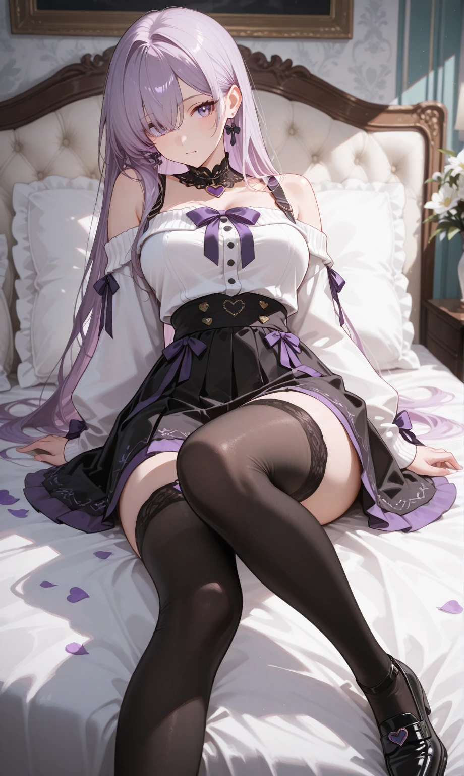 ((Mastepiece)), ((Best Quality)), (((Slender girl))), (Very detailed), ((Shooting from the feet:1.3)),((cute)), ((Very detailedな顔)), 4K, (8k), Highest quality, (beautiful), ((Huge breasts:1.4)), ((Cover your chest with your hands)), Erect nipples、((Light purple hair in long twin tails)), (((Lace Lingerie,ribbon))), ((Lace Stockings)),(((Lying in bed:1.3))),((Perfect body)),blush、Captivating body,Embarrassing、Embarrassed、White Breath