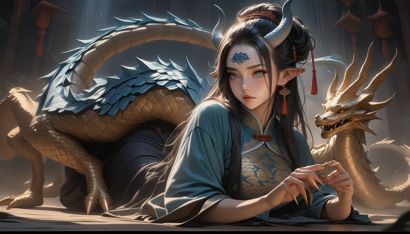 tmasterpiece,mejor calidad,realista,fotorrealista,The painting depicts a woman standing next to a dragon,El fondo es un cielo estrellado incomparablemente vasto,All painting uses cute and authentic portraits(Atractivo estilo de retrato realista),Y tiene ojos azul oscuro。Cabello largo ondeando y lindo(hermoso:2)。Toda la pintura muestra un excelente realismo y detalle.(Detalles de la foto),Seguimiento de luces y sombras,Rico en detalles,(((Primer plano de una mujer disfrazada de Han))),portrait of a dragon girl,dragon-inspired cloth robe,Asiagirl,cabello negro largo y suelto,dragon in the background,Adornos colgantes,chinese fantasy