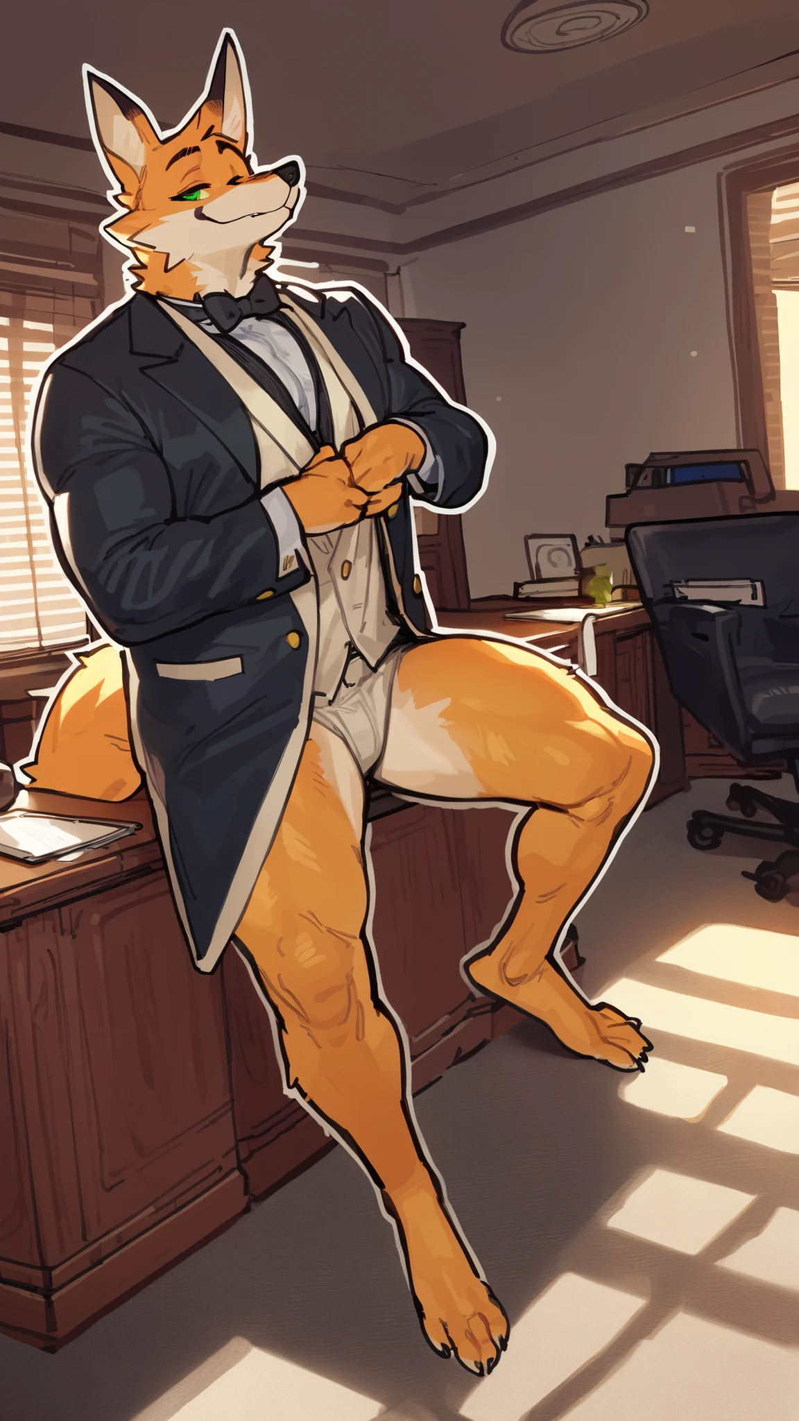 {{bara extremely handsome white tiger,}} {{white fur,}} white, wearing military like purple trench coat, purple trousers, white dress shirt and necktie, white fluffy furry body and limbs, loafers, very tall, very broad shoulders, narrow waist, muscular arms, massive pecs, purple eyes, very long legs, sitting on swivel chair with legs spread, from below perspective, massive bulge, sophisticated hot look, sexy pose, full body, sunlight casting over, 3/4 view, best quality, high quality, silver earring on left ear, sultry smirk
