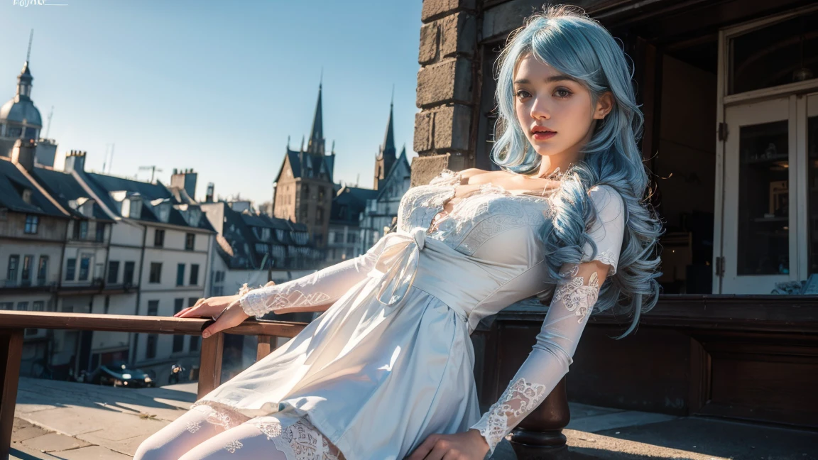 24 years old female model,a matural female,blue pink hair,Off-the-shoulder white dress fabric,Particularly bright light,Fairy hairstyle