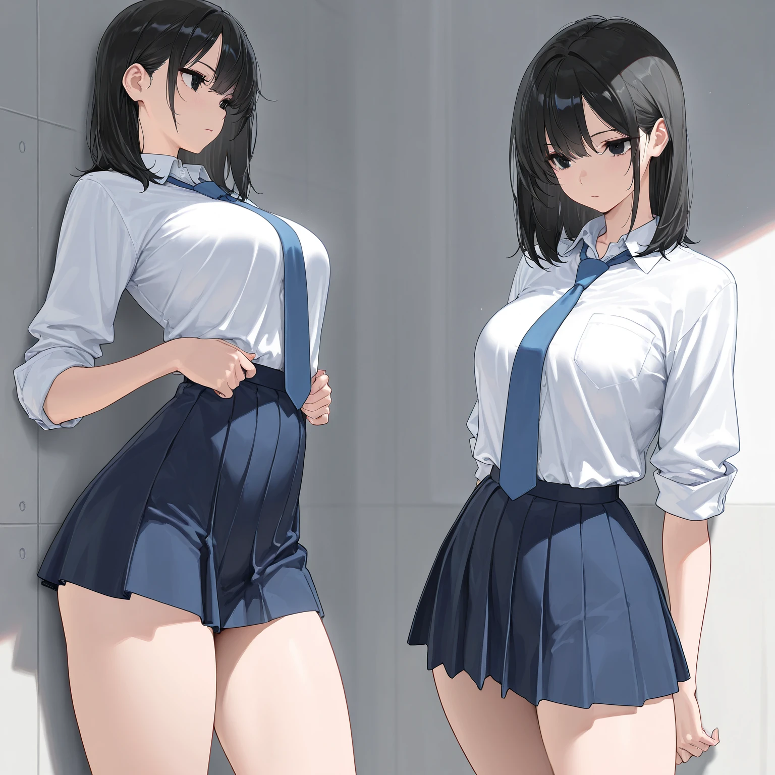 (masterpiece, best quality), front shot, 1girl, kawaii, (super big breasts:1.4), (micro waist, very long legs:1.5), Very elongated thin body, short height, scrawny, tiny cute thin face, detailed face, cute smile, mini skirt, Tight serafuku, shows under boob, white sneakers, pigeon-toed, wet sweaty, big visible ribs, ((Black medium hair))