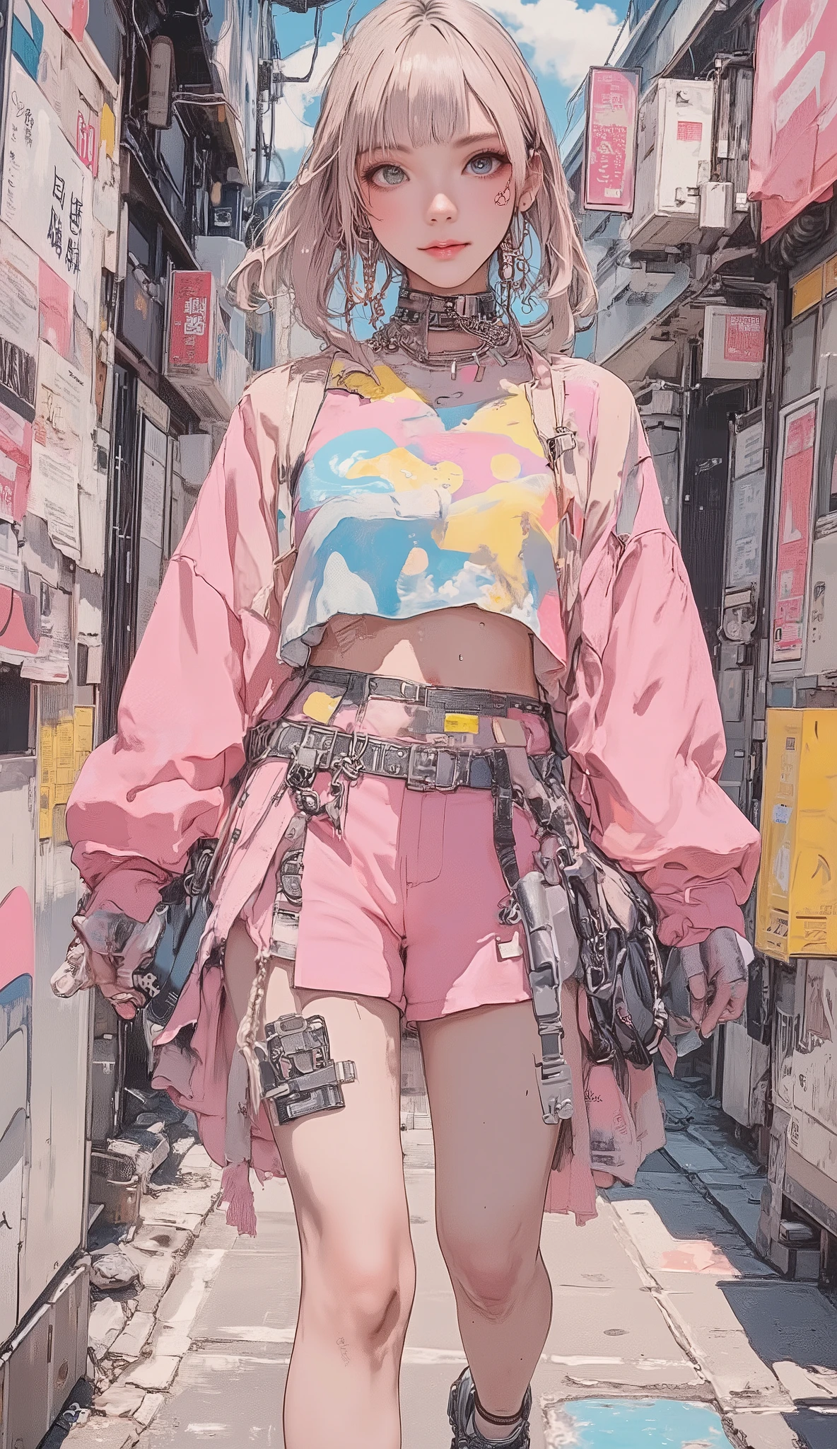 8k, masterpiece, top quality, mushroom cut Asian woman,natural makeup,healthy, Radiant Skin ,Modest lips, add volume to the top with mash shorts、Shorten the neckline、Add random curls, Soft impression ,Bangs above eyebrows,unique pastel hair color,sporty and elegant fusion,sports jacket and frill skirt,Sneakers,Street x feminine,chiffon blouse with denim,Accent with large hoop earrings or chain necklaces,bag is a waist pouch,volume、add bright colors such as blue,put together in monotone、colorful with accessories,natural body movements(Looking back while walking),The expression is a vibrant and bright smile,slightly unique atmosphere,The background is a Japanese city park
