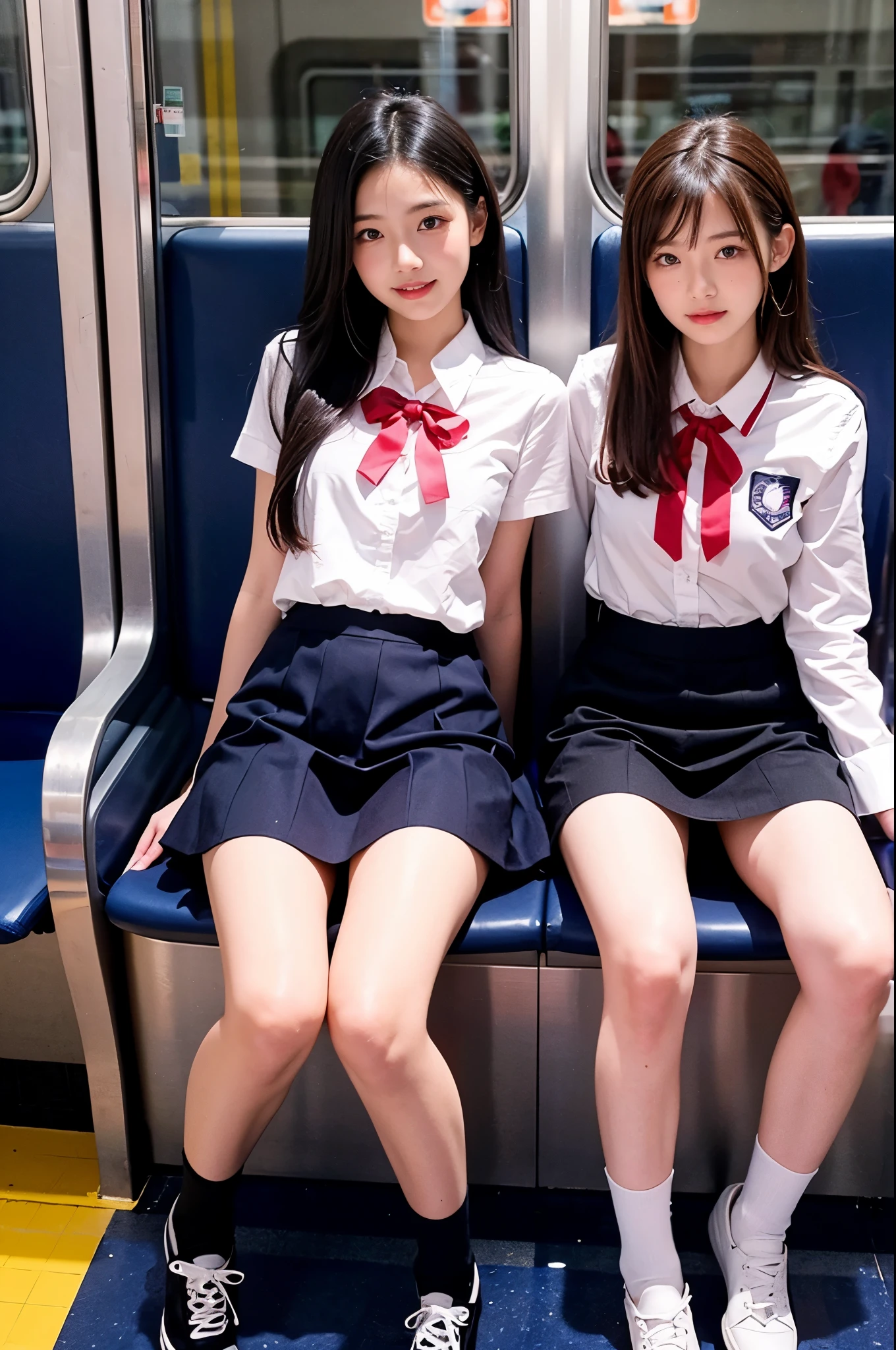 2girls, 16 K, Best Quality, 超A high resolution, School uniform, Train interior, Sitting, Full body, Legs, thighs thighs thighs thighs, (Panties:1.2), Skirt lift, lifted by self, look looking at viewer, Seductive smile, Black Short Bob Hair, BREAK,Blonde long hair, JK train opposite ,Realistic, Lips, Slender thighs, Slender legs,
Open knees
