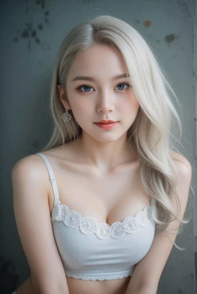 masterpiece、highest quality、High resolution、Tabletop、wallpaper、Realistic、Bright lighting、Professional Lighting、Face Light、Smooth lighting、Japanese women、Adult、Beautiful woman、action、gravure、sexy、poor、so beautiful、Beautiful Skin、Beautiful and detailed、Detailed face、slim、Moderate、Long Hair、Silver colored hair、Brown eyes、Looking at the camera、White underwear、Eyes warp