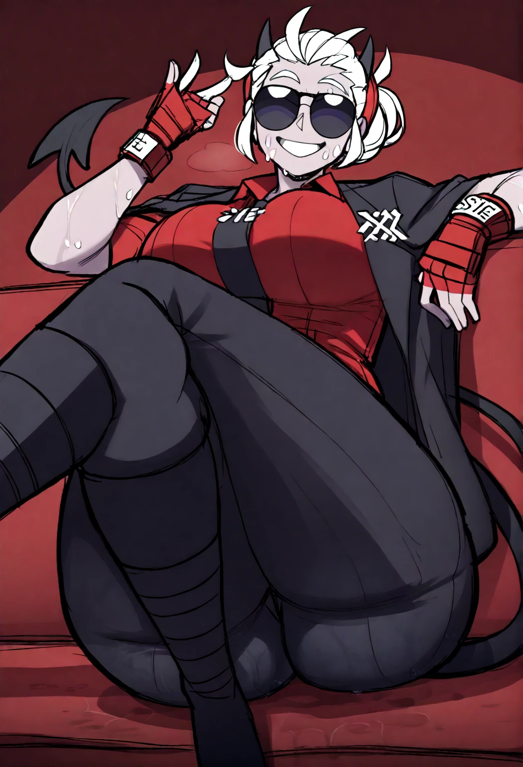 1girl, solo, height difference, short sleeve hoodie, black fingerless gloves, breasts, wide hips, blush, blushing, thick thighs, night, cross necklace, heart eyes, full body shot, horns on head, demon tail, black white and red outfit, red black and white background colors, white hair, tomboy, short hair, wide smile, sneakers, running shoes, booty shorts, exposed thigh, exposed calves, green eyes, black hair, viewing from above, thick thighs, shortstack, knee socks, exposed stomach, sitting on bench, pulling shirt, cleavage, sultry look, full face blush, exposed breasts