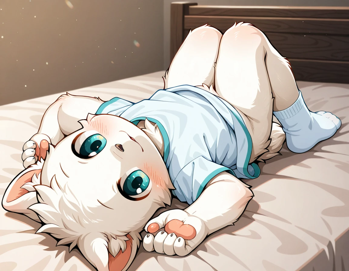 (fluffy anthro furry :1.6),rabbit girl,yellow short hair,white rabbit ears,white rabbit round tail,white body fur,pink eyes,naked,lie in bed,looking back,plenty pussy juice,spread legs,full face blush,grin