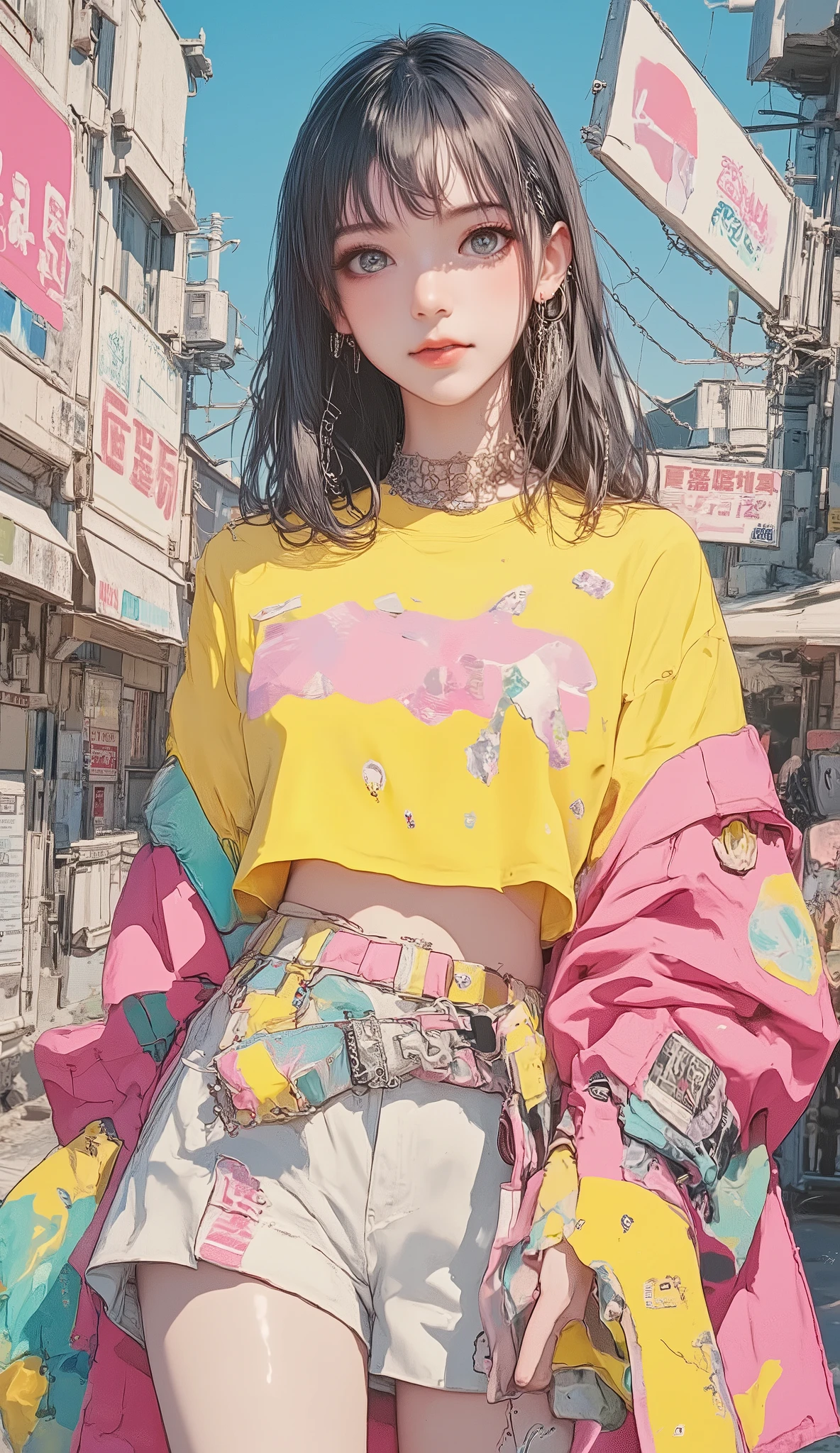 8k, masterpiece, top quality, mushroom cut Asian woman,natural makeup,healthy, Radiant Skin ,Modest lips, add volume to the top with mash shorts、Shorten the neckline、Add random curls, Soft impression ,Bangs above eyebrows,unique pastel hair color,sporty and elegant fusion,sports jacket and frill skirt,Sneakers,Street x feminine,chiffon blouse with denim,Accent with large hoop earrings or chain necklaces,bag is a waist pouch,volume、add bright colors such as blue,put together in monotone、colorful with accessories,natural body movements(Looking back while walking),The expression is a vibrant and bright smile,slightly unique atmosphere,The background is a Japanese city park