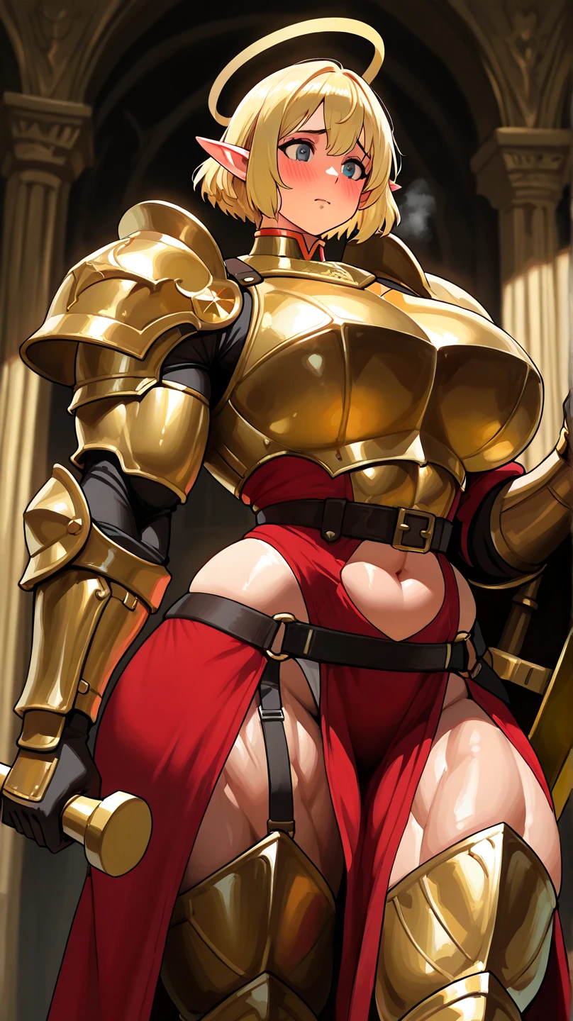 a close up of a woman in a gold suit with a red top, bikini armor female knight, bikini armor, bikini-armor, bikini armour, oppai proportions, ornate bikini armor, thicc, asuka suit under clothes!, armor girl, biomechanical oppai, cushart krenz, cushart kenz, marin kitagawa fanart