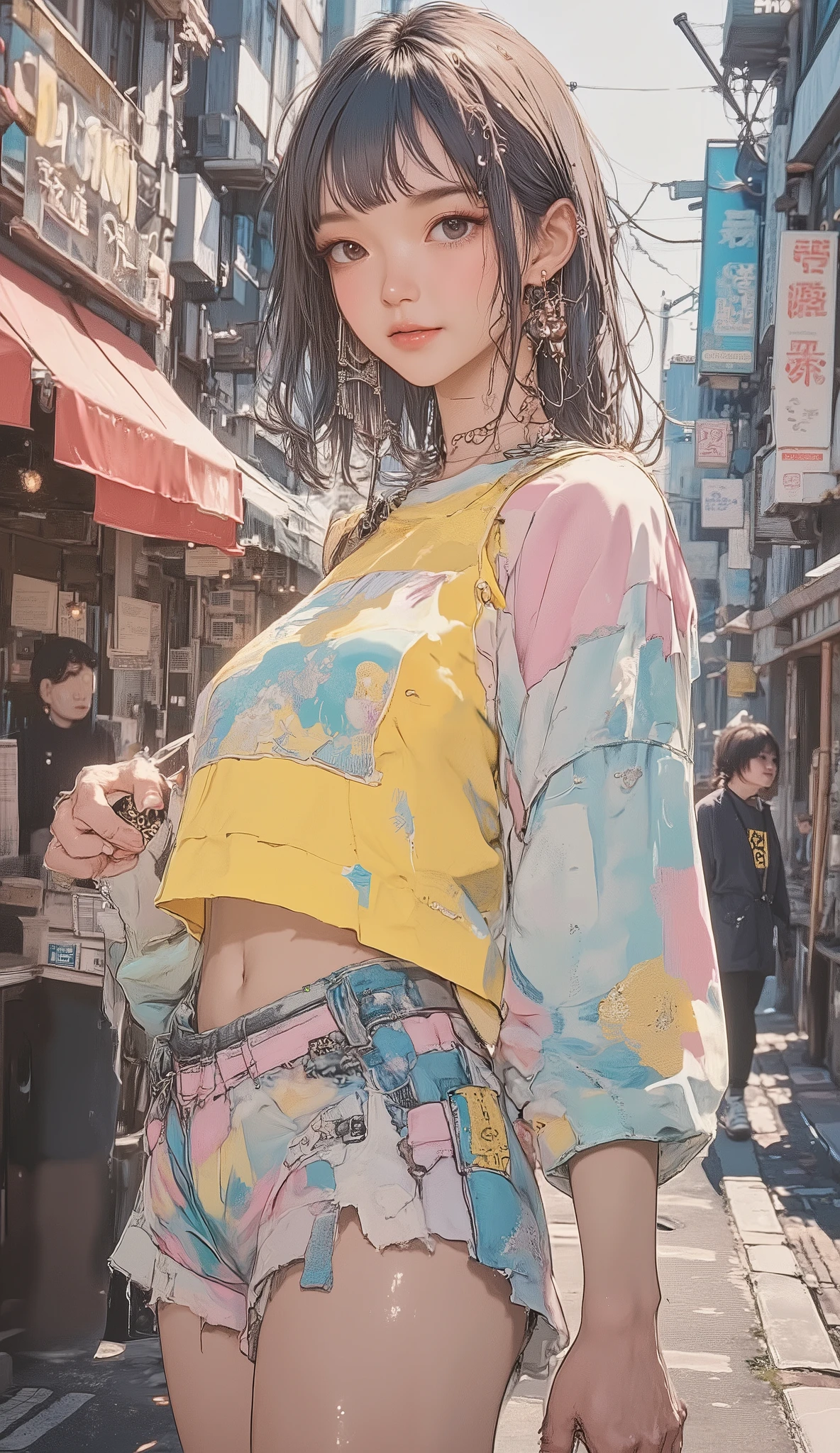 8k, masterpiece, top quality, mushroom cut Asian woman,natural makeup,healthy, Radiant Skin ,Modest lips, add volume to the top with mash shorts、Shorten the neckline、Add random curls, Soft impression ,Bangs above eyebrows,unique pastel hair color,sporty and elegant fusion,sports jacket and frill skirt,Sneakers,Street x feminine,chiffon blouse with denim,Accent with large hoop earrings or chain necklaces,bag is a waist pouch,volume、add bright colors such as blue,put together in monotone、colorful with accessories,natural body movements(Looking back while walking),The expression is a vibrant and bright smile,slightly unique atmosphere,The background is a Japanese city park