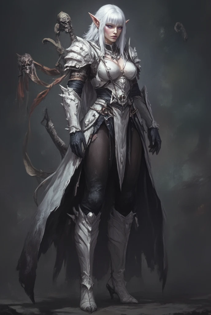 Dark gray skin warrior woman, White hair, grey horns with red, wearing blue armor with silver, an ax in his hand, anime style, in battle stance looking aggressively