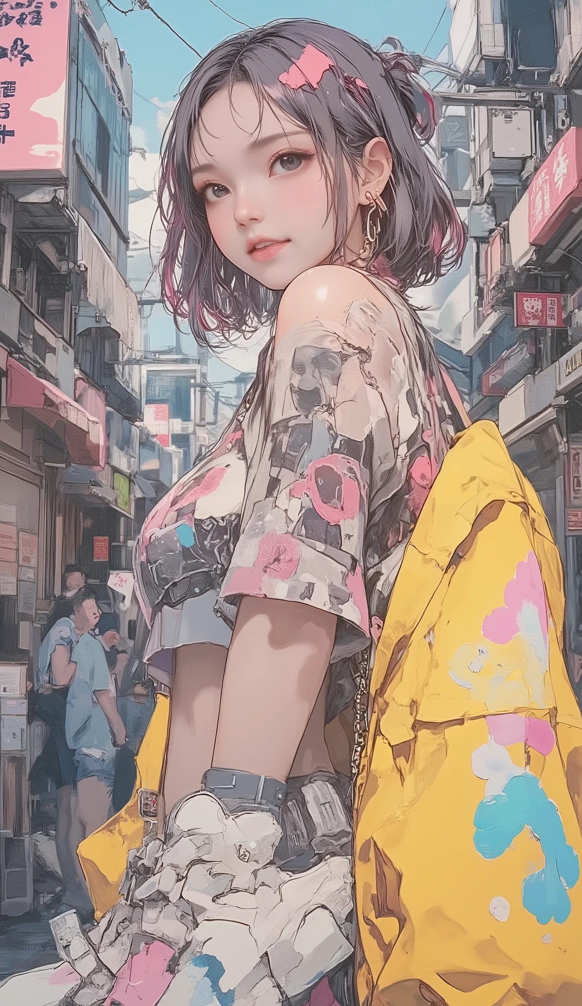 8k, masterpiece, top quality, mushroom cut Asian woman,natural makeup,healthy, Radiant Skin ,Modest lips, add volume to the top with mash shorts、Shorten the neckline、Add random curls, Soft impression ,Bangs above eyebrows,unique pastel hair color,sporty and elegant fusion,sports jacket and frill skirt,Sneakers,Street x feminine,chiffon blouse with denim,Accent with large hoop earrings or chain necklaces,bag is a waist pouch,volume、add bright colors such as blue,put together in monotone、colorful with accessories,natural body movements(Looking back while walking),The expression is a vibrant and bright smile,slightly unique atmosphere,The background is a Japanese city park