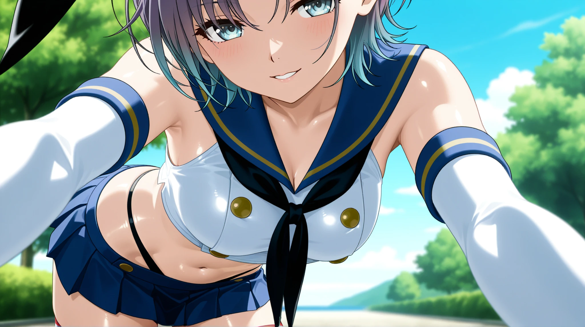 Asuka Honda、明日香、ASKA120%、Blue Hair、Bobcut、Dark Eyes、Yellow ribbon on the head、White Sailor Suit、A large yellow ribbon on the chest、Blue Skirt、Defeated、Captive、Detained、Crucified on the Cross、Chain bondage、He is tied up with his arms spread wide、Disheveled Sailor Uniform、Torn sailor suit、Torn Skirt、Exposed skin、Pants exposure、Bra Exposure、、My skirt got torn、Showing off、Nipple erection、Estrus、Ahegao、Scared、Feeling embarrassed、blush、Ahegao、Acme Face、Open your mouth and stick out your tongue、Explosive Chemicals、(((SFW、sound、Highest quality、first-clasasterpiece、Normal body、8k、Detailed face、Ultra-precision、Normal hand、Normal finger、5Finger、Highest)))