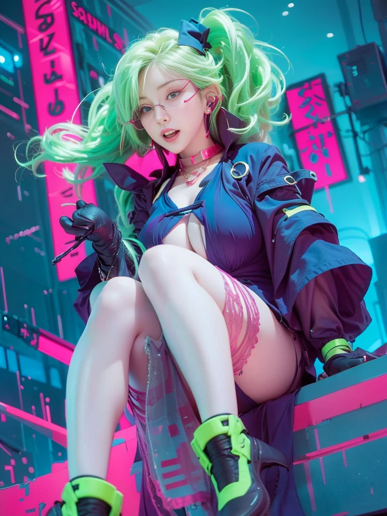 neon city, long hair, cyber punk, school girl, green hair, Beautiful legs, colossal tits, white tank top