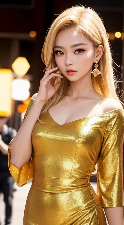 (8K,Highest quality,masterpiece,Realistic,Ultra-high resolution),One adult woman,Beautiful body,(Beautiful Face:1.2),long hair,(Straight Hair:1.4),(Blonde Hair),(Golden ratio of the face:1.3),(Deeply carved face:1.2),,nice smile,Beautiful nose,High nose,A beautiful woman,Beautiful model,Real Photo,An inviting gaze,,glossy,Sheath Dress,Full Body,necklace,Sit on a chair,(Crossing your legs), from above