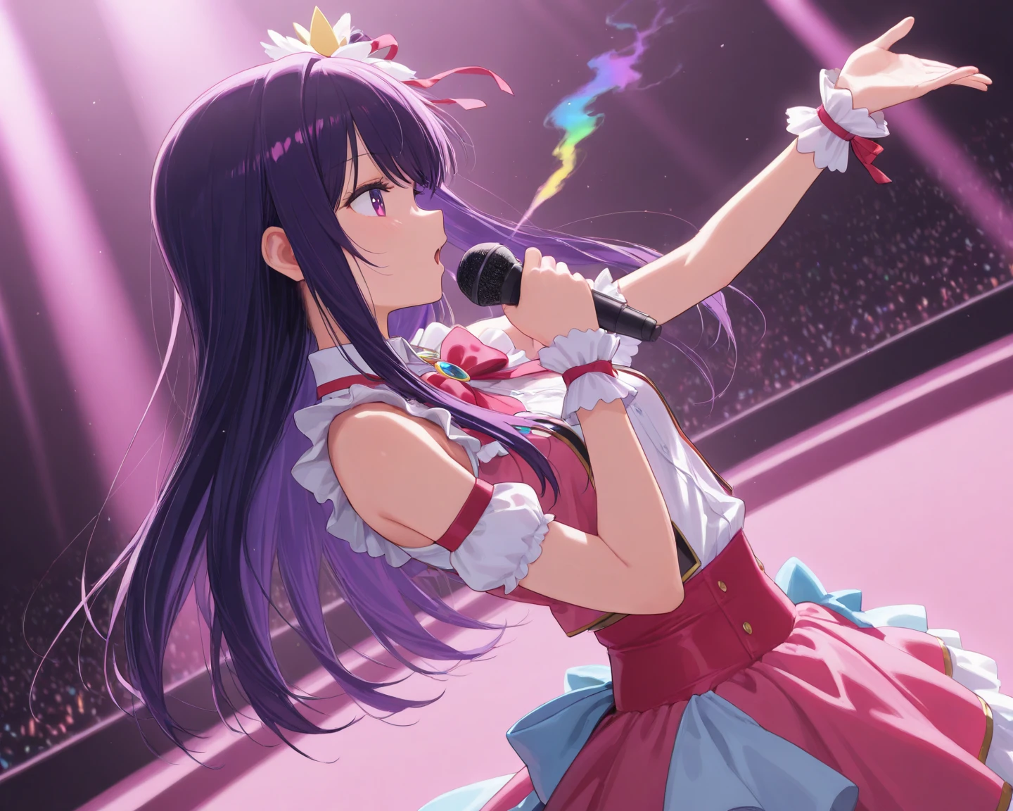 1 girl, alone, Ai Hoshino, Masterpiece, highly detailed, (1 girl in: 1.2), ultra detailed, sharp focus, detailed eyes, curvy body, cowboy shot, dynamic posture, looking at viewer, purple hair, long hair , Ai Hoshino, hair between the eyes, hair ornament, rabbit ornament, Pink hair band, long hair, One side up, (purple irises: 1.1), purple hair, ((rabbit hair ornament: 1.2)), (star-shaped pupils:1.5), symbol-shaped pupils,Brake strap, ((pink ribbon:1.1)), brooches, dress, pink dress, ((ruffled dress:1.3)), ((pink gloves:1.2)), ruffle, gloves, ((pink heart brooch)), idol, idol clothes, jewelry, pink gloves, ((red ribbon)), bow ribbon, high-neck dress,(( pink dress:1.3)),((white skirt;1.3)),short skirt,((pink thigh-high boots:1.2)),((neckline:1.2) , hands on waist, big eye, hair between the eyes, smile, 8k, Ai hoshino, large breasts, medium waist, wide hips, wide thighs, thick round butt, outside, stage, concert, night, stage lighting, looking forward, ((focus on the breasts),pov(from enmedy), perfect anatomy, perfect hands