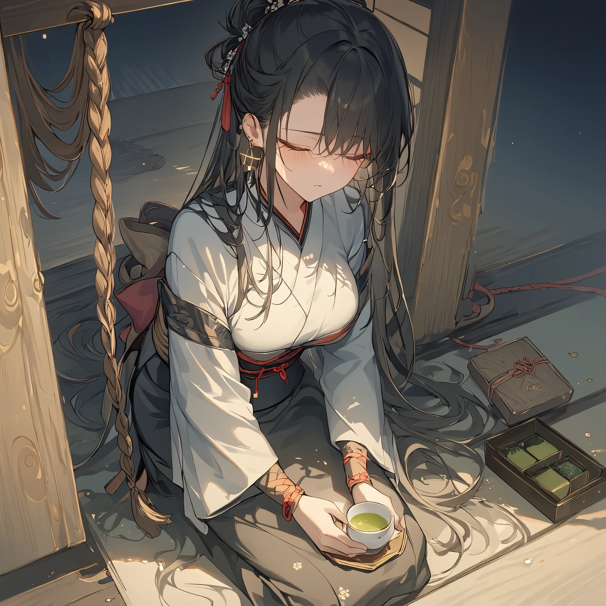 8K, RAW Photos Box, better quality, masterpiece: 1.4, Ultra-high resolution, extremely detailed, soft lighting, 1girl, young woman, large breasts, black hair, close eyes, long hair, tied up hair, rectangle earrings, kimono, kneeling, serving green tea,