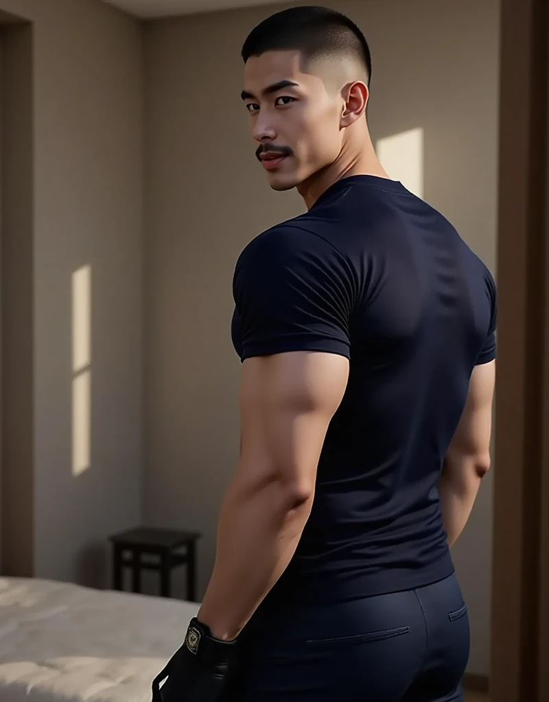 bongage and BDSM style, a young Latino man, shirtless, in a six-pack, short hair, 19 years old, full body, wearing tight blue lycra pants, black riding boots, is suffering a strangulation, directly through the neck, with a rope, performed by another young man , of an empty room, of an apartment.