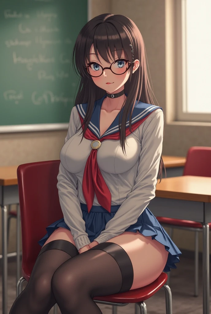 Huge breasts, high school girl, Blazer Uniform, ribbon, mini skirt, No pants, Squat with your legs apart, Long Hair, Brown Hair, Earrings, A ripped dress shirt, School bag on the back, White knee-high socks, loafers, River bank, before sunset, Love juice dripping from behind, Grin, Embarrassing, Front view, Leaning forward, Wear glasses, No pants, Under the bridge