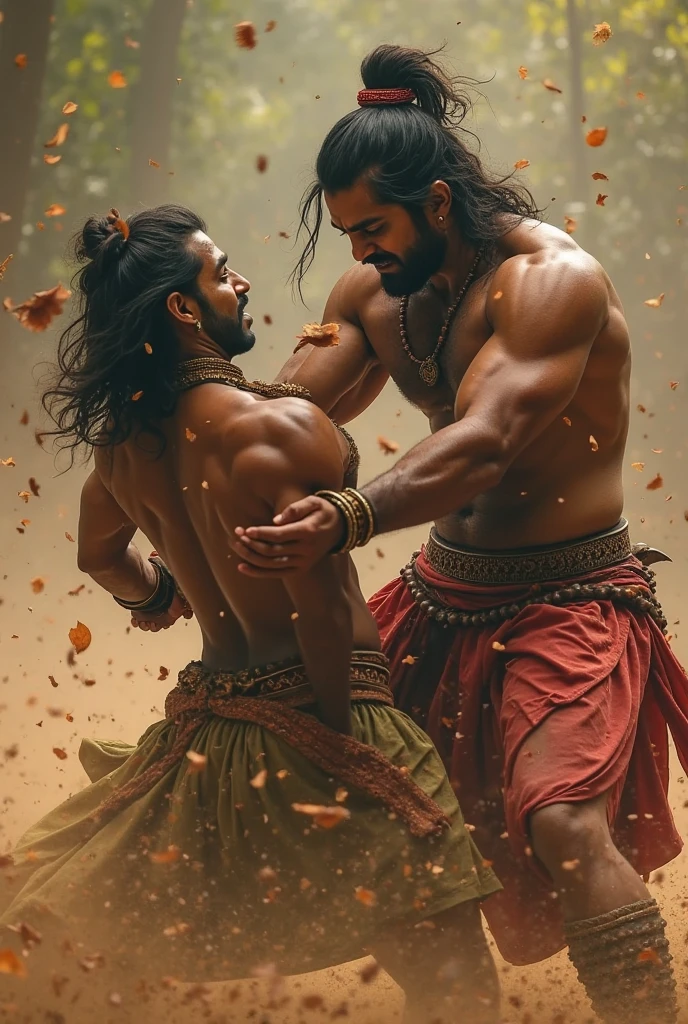 a highly detailed portrait of two muscular male warriors, biju menon and kunchacko boban, fighting each other with swords, intense facial expressions, chiseled features, toned bodies, dynamic poses, dramatic lighting, epic fantasy atmosphere, muted color palette, masterpiece, 8k, photorealistic