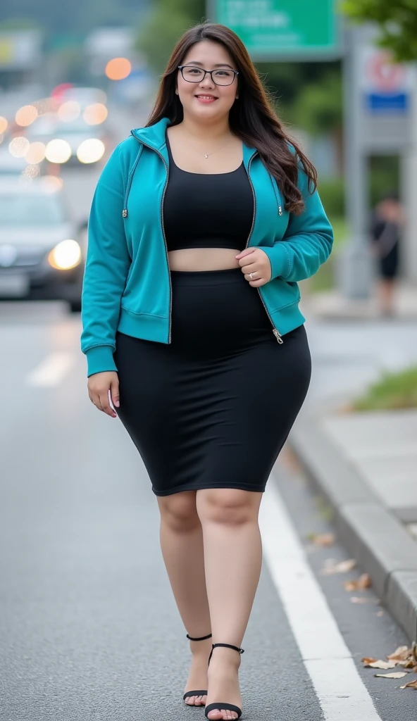 captured with a Sony α7 III camera, young Asia, an narrow waist, wide hips, and a full bust. The proportions are highly stylized, with a sharp contrast between the tiny waist and the expansive curves of the hips and chest, full body shot, fitted leather blazer Emerald green in color, bluish pink inner tee, Charcoal Grey Cigarette Pants, high heels Blush pink, standing straight, creamy white background.