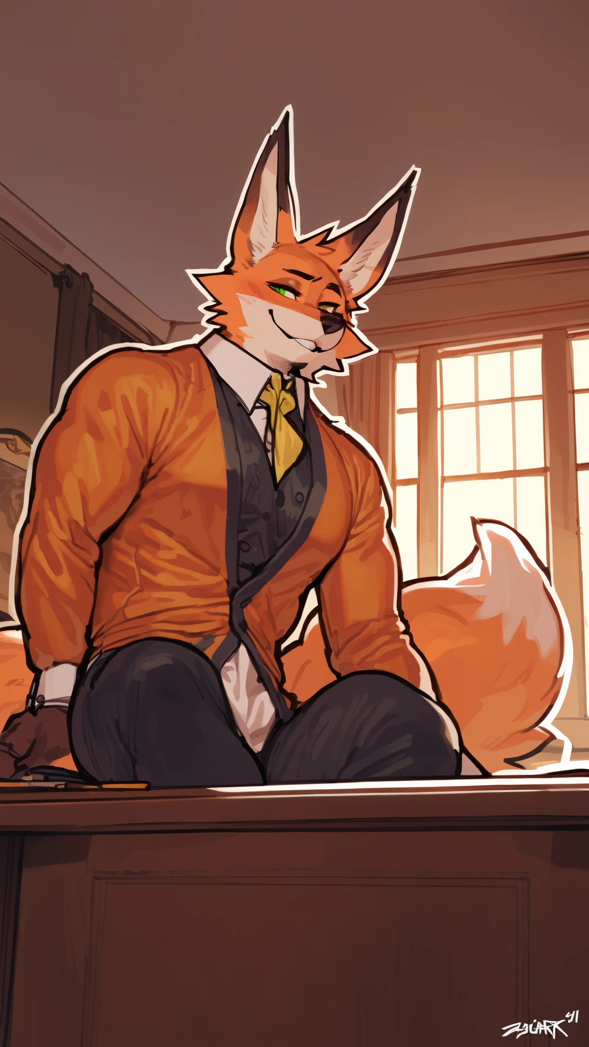 16K, high quality, boy, orange fox, shota, femboy, cute, office, 紐ビキニ, medium penis, ahegao, flaccid cock,
