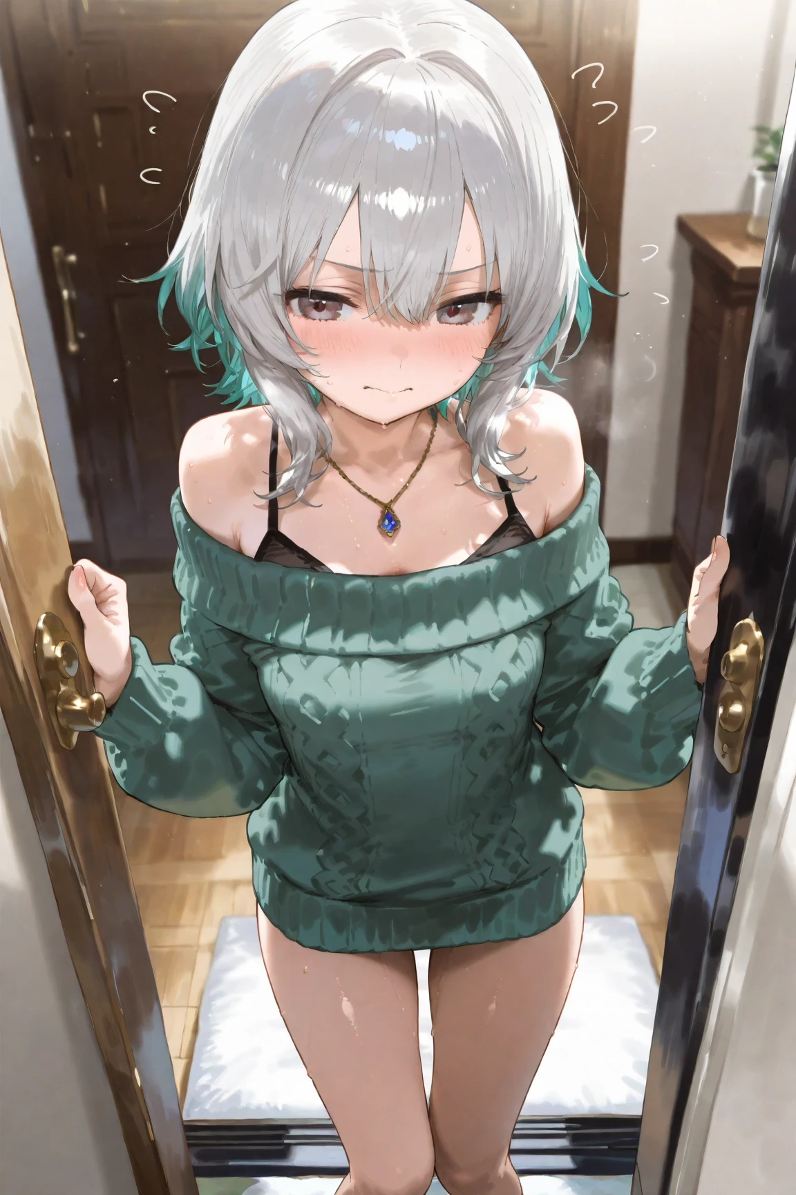1 girl, alone, green eyes, gray hair, hair ornaments, bangs, Virtual YouTuber, blunt bangs, double good, animal ears, flat chest,highly detailed eyes. sharp focus, confused, highest quality,female masturbation,cum in pussy,naked