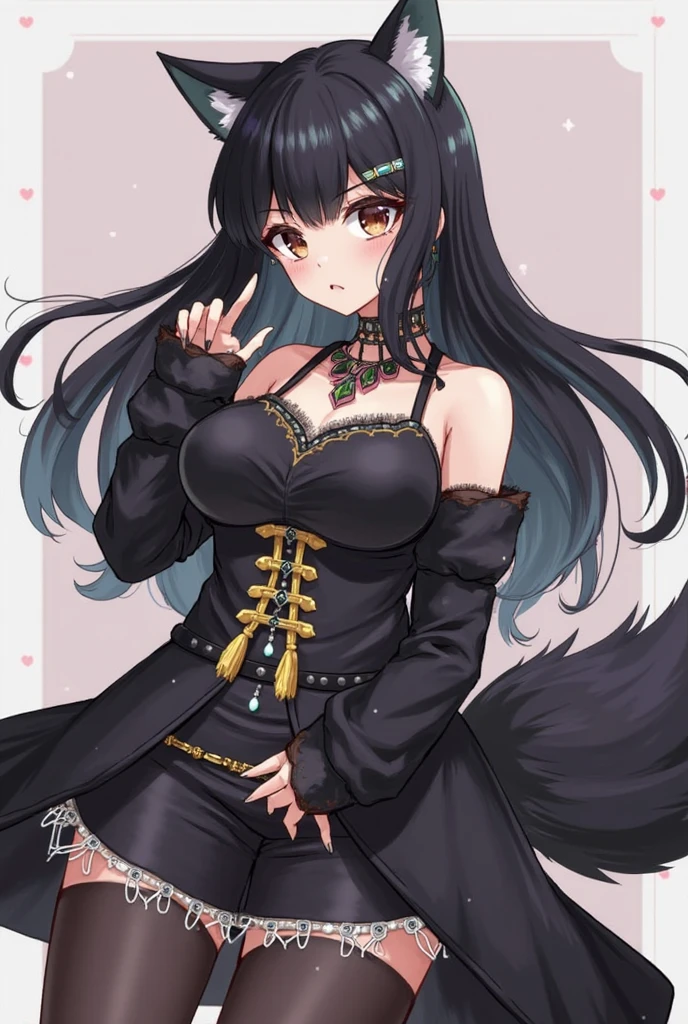 16K resolution,Anthropomorphization of wolves,femele,Black color hair,Black eyes,Black tail,Wear a black princess outfit and black stockings;Court background。 Sexy edges