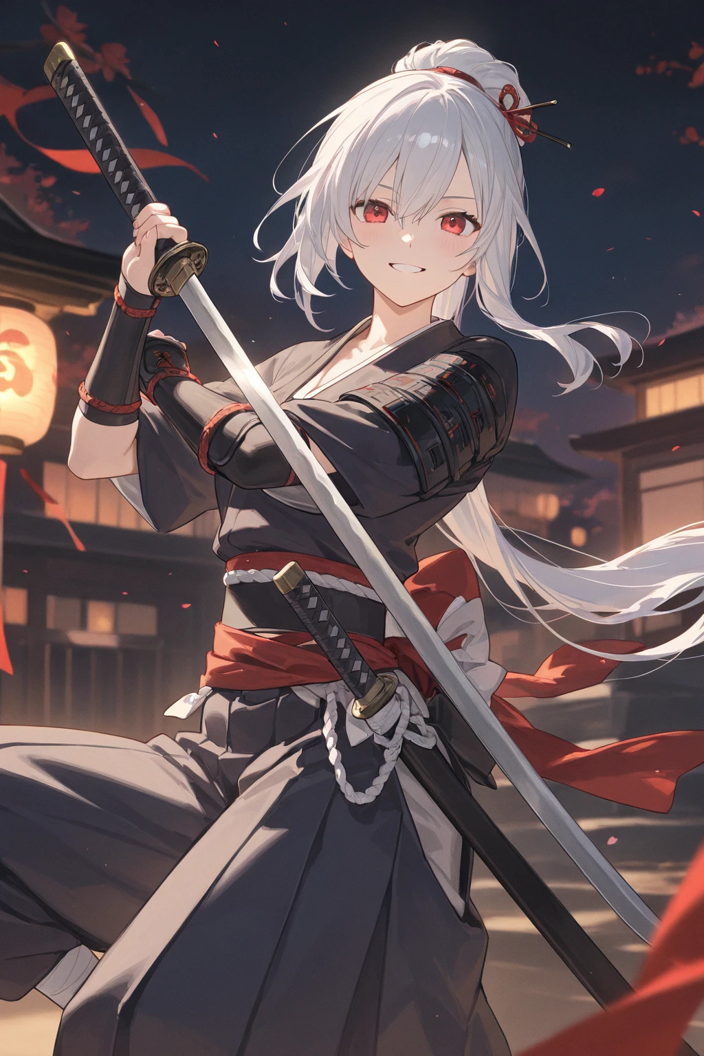 masterpiece, best quality, 1girl, grey hair, shoulder length hair, wavy hair, black hairband, auburn eyes, beautiful detailed eyes, beautiful detailed face, cute face, stoic, professional, ninja, black leotard, black tactical gloves, bare legs, gold bracelets, black thigh-high boots, using katana blade, scabbard, cityscape, night, noir atmosphere.