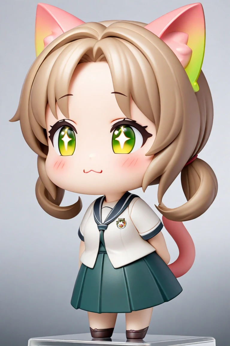 A teenage girl with brown hair and dark green eyes