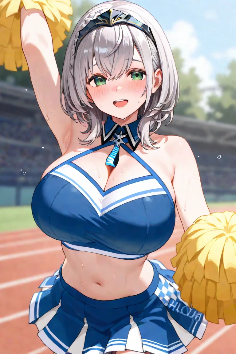 (masterpiece:1.3), (8K、best quality:1.4), (Highest image quality, intricate details, high resolution, depth field, Natural light, professional lighting), (1 girl), (solo), (asian girl, very beautiful 18 year old cartoon girl), (very beautiful woman、Beautiful woman full of charm, 美しい銀髪のbob cut, intense blue eyes, strong eye highlights, very big breasts, perfect anatomy, dynamic lighting, lip gloss), Beautiful face with perfect symmetry, beautiful detailed woman, very beautiful detailed face, very beautiful detailed eyes, Smile at the audience, laughing very happily, beautiful teeth, beautiful teeth alignment, Super detailed, very detailed, beautiful teeth, beautiful teeth alignment, Super detailed, very detailed, ((Detailed cheerleader:1.2)), light shines on your face, ((dynamic pose)), bob cut, crossed bangs, asymmetrical bangs, long neck, please show me your ears, Bansig's eyes, eyelash, cute, very big breasts、very beautiful and big, very beautiful breast shape, beautiful cleavage, tall supermodel, Supermodel with long legs, Supermodel dressed as a cheerleader, take a pose, Dressed as a cheerleader, close-up of woman, towards the camera, laughter, (cheerleader costume), ((head band, Sleeveless shirt with open chest, flare skirt, mini skirt)), Young slender gravure idol, young gravure idol, young gravure idol, Stadium background in the daytime
