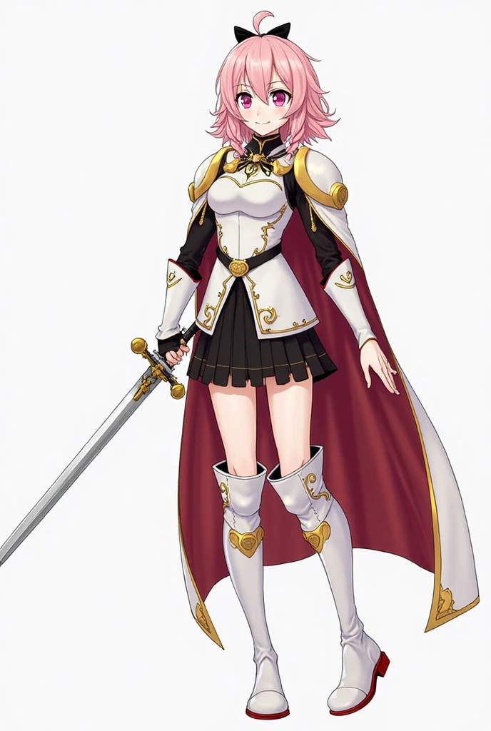 best quality, highres, absurdres, ultra detailed, 1girl, solo, <lora:TheresiaV1:1>, Theresia, 1girl, solo, weapon, sword, white background, cape, ponytail, open mouth, pantyhose, dated, holding weapon, simple background, armor, holding sword, boots, holding, breastplate, bracelet, signature, thigh boots, thighhighs, looking at viewer, jewelry, thighhighs over pantyhose, bow