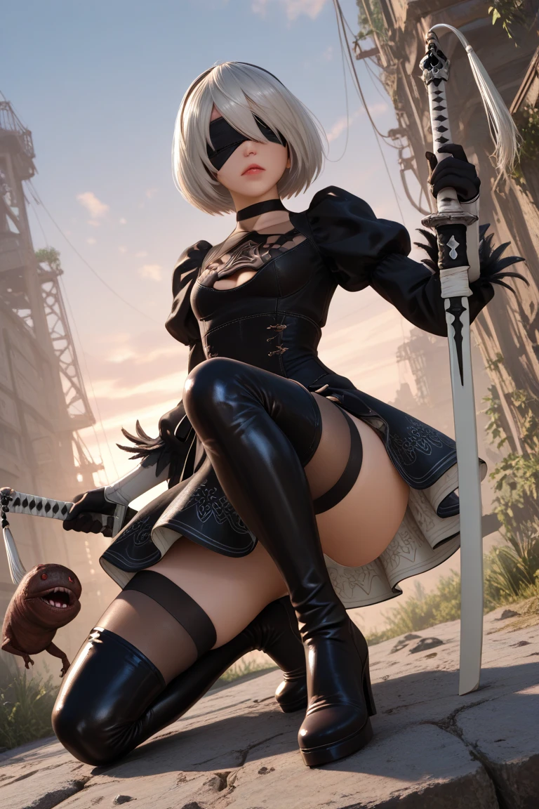 Camera from below, Looking Up, Ahegao Face, Hentai Face, erotic pose, Sex, leaning against a tree trunk, in the clearing, running, Long Japanese Sword Behind His Back, Flying robot behind, Rectangular robot in the shape of a box, Camera from below, Frame from below, shapely legs, Black Short Skirt, voluminous short skirt,,,,,,,,,, stands on the edge of a clearing, White Hair Bob, ashy hair, The eyes are covered with a bandage, Cyan eyes, black dress with a short skirt, short black skirt, neckline on the chest, black stockings, high black boots, high-heeled boots, very extremely beautiful, Small firm buttocks, Slender figure, Full-length(Body Full 1.1),Game nier automata, ruined city, woods, overgrown with plants, Ruins, high detail official illustrations, ((beautiful fantasy girl)),Red Small Breasts, Her breasts are sticking out from under her clothes, BREAK (Master Part: 1.2), Best Quality, High Resolution, photorealestic, photogenic, Unity 8k壁纸, (illustartion: 0.8), (Beautiful detailed bluish-gray eyes: 1.6), extremely detailed face, perfect lighting, extremely detailed CGI , (perfect arms, perfect anatomy), A girl with perfect breasts, beatiful face, master study, intricate details, Detalhes realistas, the anime, (Based on nier automata) the perfect body, The Perfect Girl, perfect details, Ultra HD |, 8K, Professional photo, Anime Style 2B,