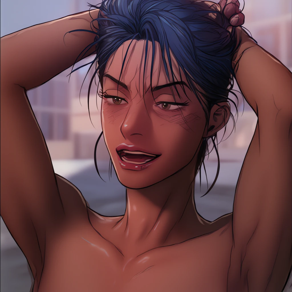 male, about 6’4, , sharp jawline, muscular build, pale skin, dark blue eyes, messy half black hair, half white hair, shirtless, necklace, in office, sitting in chair, leaning back, undoing pants, smiling, night time, looking down, angle from under desk