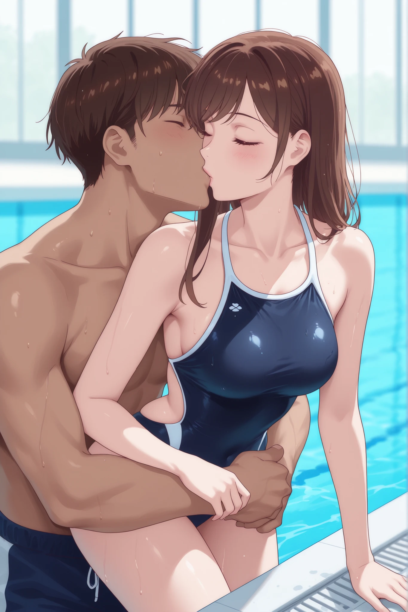 Chubby thic mature pregant japanese wife, brown long hair, Brown eyes, naked, hugging, hotel pool, full of men watching, men with Big hard penis,horny expression, kissing