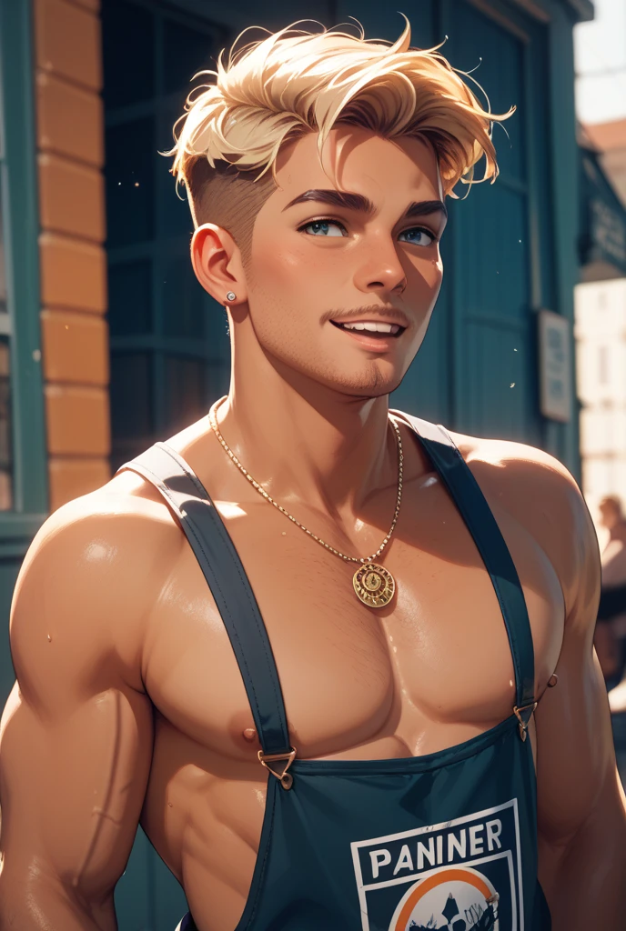 In the iconic art style of henry scott tuke, a hyperrealistic, meticulous illustration of a young, slim, and muscular blond boy with a strong display of leadership body language and perfectly detailed anatomy. He's illuminated by the warming sun, standing barefoot in the center of a victorian gentleman bar with many victorian men looking at him. The blong boy , with strong muscular legs, a peaceful gaze, and a subtly hidden smile, hints at his athleticism, wearing a swimmer's
