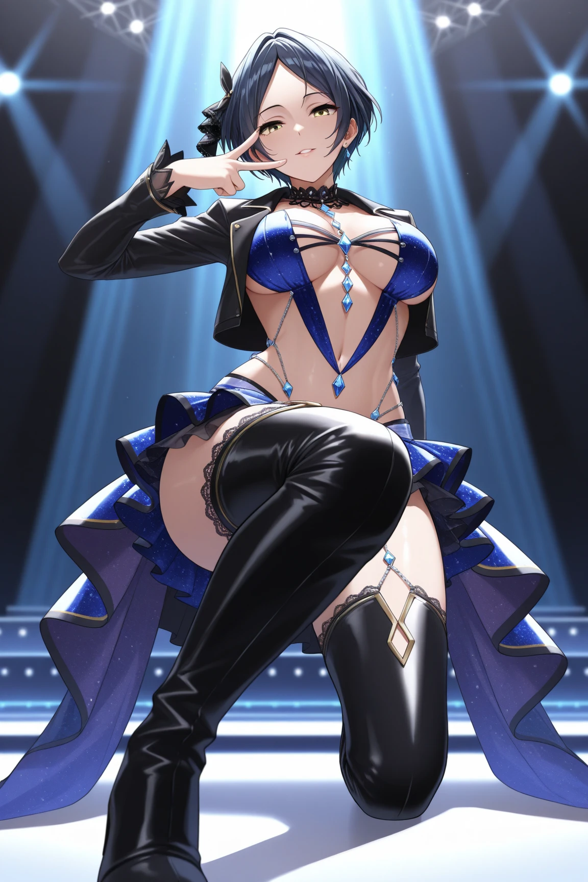 (best quality,4k,highres),ultra-detailed,realistic,portrait,blue flames,dark atmosphere,dramatic lighting,smoky background,neon lights,shadows,sparkling reflections,glamorous makeup,sexy outfit,feather boa,tassel pasties,high heels,seductive gaze,sultry expression,confident posture,provocative dance moves,fierce aura,vivid colors,colorful stage,energetic crowd,club music,celebratory atmosphere