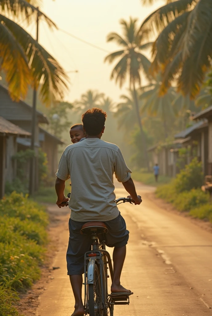 A captivating and vibrant acrylic painting that transports you to the serene Indonesian countryside. In the foreground, a father and his young son ride an old bicycle, with the father donning a yellowish shirt, brown shorts, and a conical hat, and the son sporting a red worn tank top, dirty shorts, and a radiant smile as he holds a string connected to a flying kite. The background showcases rolling mountains and trees, with golden evening sunlight bathing the scene in a warm, inviting glow. The playful brown ducks foraging in the rice fields add a touch of liveliness to the idyllic setting. The visible brushstrokes lend an authentic charm to the painting, encapsulating the essence of family bonding and a peaceful rural atmosphere., painting