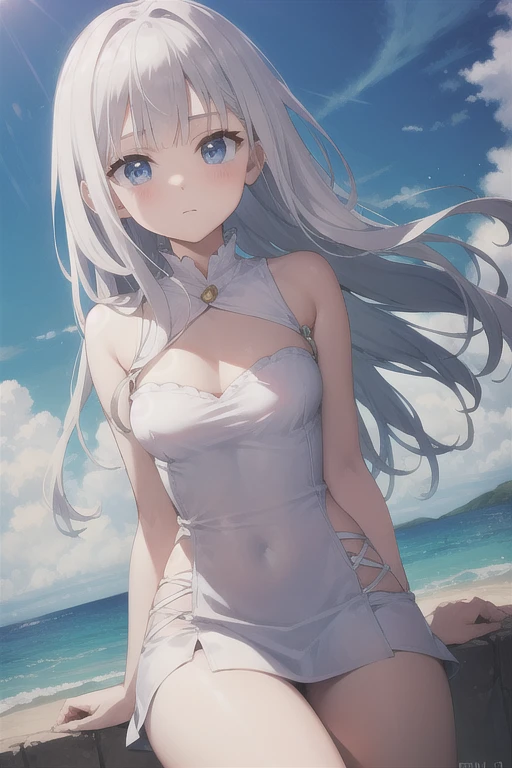 (Masterpiece, Best quality, A high resolution:1.4), 1girll, ((Unity 8k wallpaper, illustration, , beautiful and delicate detailed girl)), Small breasts, , Smile,Girl, Long hair, White hair, Blue eyes,Close-up,against backlight at dusk,, strong rimlight, intense shading, beautiful purple sunset at beach,Long white backless dress,Leaning forward,