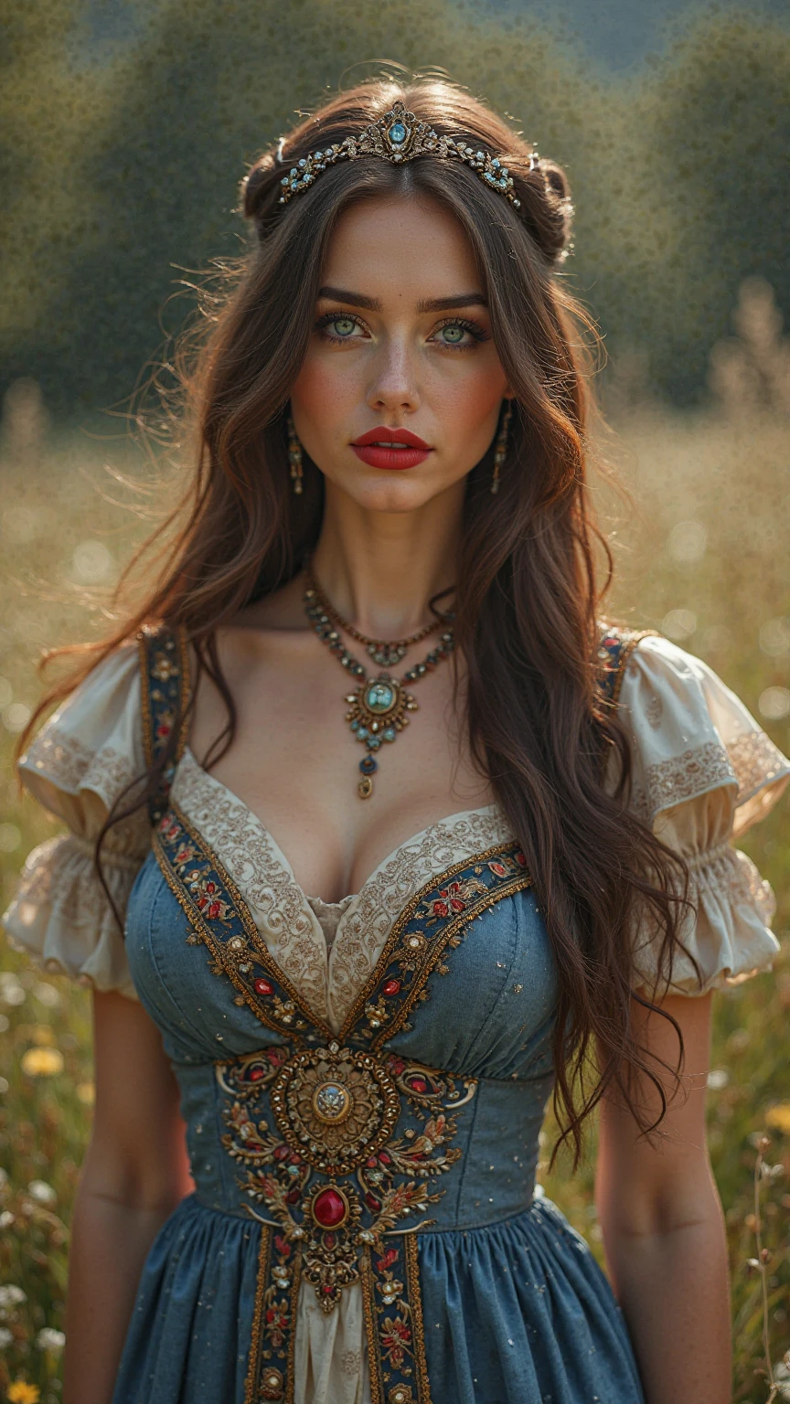 1girl, Large Black Hair With Messy Strands, Pale Skin, Red Lipstick, Dress Covered With Intricate Wood Cut Patterns. round full face, full features. wide toothy smile.Dynamic Pose., Detailed Eyes,, wide eyes, Standing On A Rock Overlooking A Mountain Valley With A Gorgeors Alpine Lake. Wearing A Black Knee Length Pleated Skirt With Blue Enbroidery And A Trdational Norweigian Sweater Of Many Colors With Intricate Detailed Rosemaling Designs. (Masterpiece)), ((Best Quality)), (Detailed). Official Art, Award Winning Digital Painting, Digital Illustration, Extreme Detail, 4k, Ultra Hd, Rococo, Polished, Intricate, Realistic Fantasy Art, Sharp Focus, Concept Art, Art By Wlop, Artgerm, (2d Vector Illustration) Beautiful Cute Face, Beautiful Female Lips, Charming Beauty, ((Kind Expression On His Face)), Seductively Looking At The Camera, ((Skin Color: White)), ((Detailed Beautiful Female Eyes)), ((Big Detailed Blue Eyes)), Ideal Female Body Shapes, Beautiful Waist, Big Thighs,, ((Subtle And Beautiful)), ((Depth Of Field))(Higly Detailed)), Realistic, Professional Photo Session, Light, Airy, HourGlass Figure. Stunning Combo Of Hedy Lamarr, Olivia Munn And Molly Quinn
