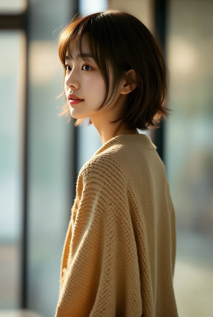 outside of house、(((a pixie cut)))、A Japanese Lady、Super Cute、Soft and face、Brown hair、A hyper-realistic、ultra-definition、D Cup Big((Highest Definition、8K、masterpiece:1.3))、appearance々Angle、appearance々Pose、23years old、Winter clothes
