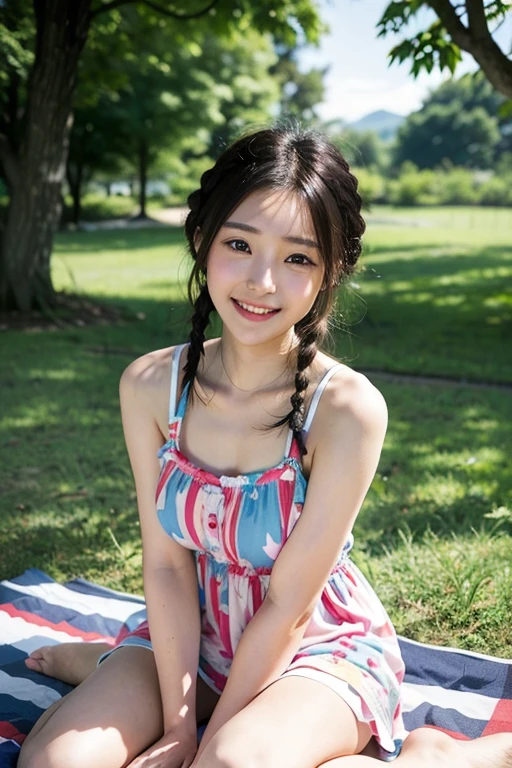 Adorable, 18year old, High school students, Delicate body,pesant dress（high detailed embroidery）, Longhaire, Hair is tied up、hair scrunchie, , (High color saturation:1.0), (highlydetailed skin), (Best Quality:1.0), (超A high resolution:1.0) ,(photographrealistic:1.0), (ultra-detailliert:1.0), (8K, Raw photo:1.1),(Smile:1.0)