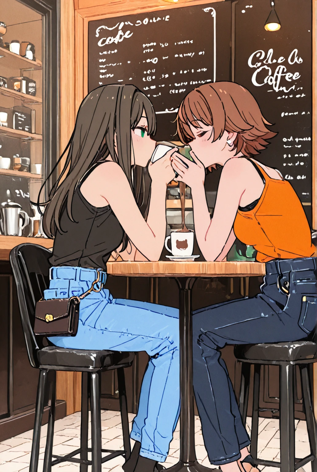2 women having fun in the ice cream shop, lewd:1,2, hentai:1,2, NSFW:1,2, lesbian yuri:1,2, kissing, blushing, wearing tank tops and skirts