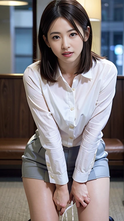 arafed woman sitting on a chair in a white shirt and black skirt, Wearing a blouse, Office Clothes, Wear a shirt, 白いWear a shirt, Korean Girls, wearing a White blouse, Korean women, 白いWear a shirt, Open shirt, Quality white shirt, 白いWear a shirt, Businesswoman, タイトなWear a shirtいる, White blouse, Business Attire