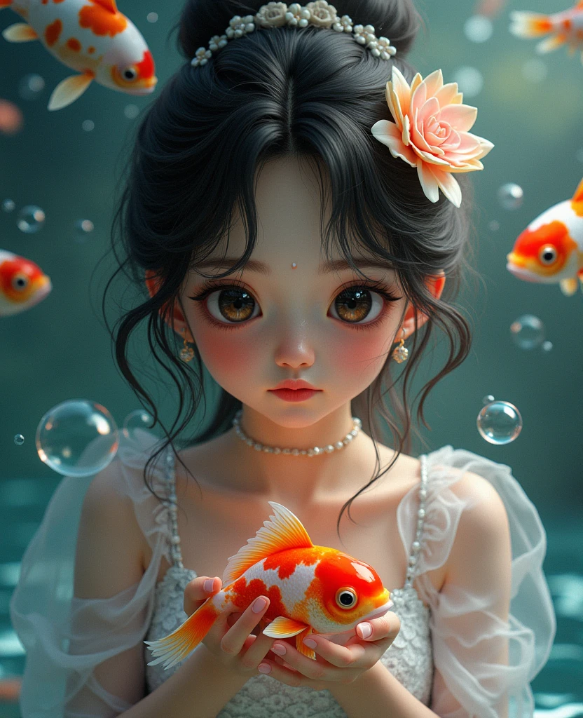 (woman\(student, , JK, Silver flowing short hair, Cosmic eyes, Black school uniform, Pale skin, Tired face,Eyes without luster\) look up to the sky), (Many goldfish swimming in the air), Beautiful sky, Beautiful clouds, In summer,Colorful flowers blooming everywhere, (Crystal clear bubbles sparkle in the sky), There is a midday moon and a midday star in the sky, woman is at messy downtown, rest ,quality\(8K,極為細緻的CG單元wallpaper, masterpiece,High resolution,top-quality,top-quality real texture skin,Surrealism,Improve resolution,RAW photos,Best quality,Very detailed,wallpaper,movie lighting,Ray Tracing,Golden Ratio\),(long shot),Wide-angle lens,