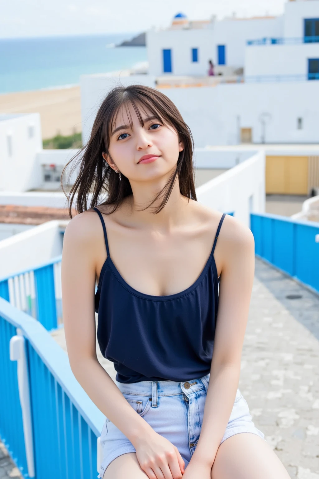 8k wallpaper that integrates high-definition CG, perfection lit,colorful, bright_front_face_lit, (masterpiece:1.0),(Highest_quality:1.0), 超High resolution,4K,Super detailed, photograph, 8K, HDR, High resolution, absurd:1.2, kodak portrait 400, film grain, background is blurry, Bokeh:1.2, Lens flare, (vibrant_color:1.2) (Emiko Amemiya:1.3,Miki:1.6,),1 girl,20 year old female,perfectionなeye, black_eye,beautiful nose,(beautiful_face,cute,perfection), 焦げ茶colorい髪,(Siョートヘア:1.9),bangs, beautiful Finger,beautiful long legs,beautiful body,(Huge_chest:1.6, accurate and detailed), (sitting,Spread your legs in an M shape:1.5),(TSiャツを着ています, super tank top, Small size:1.5), Si(I'パンツを履いているI, 超Siョートな, denim), Siティビュー, (Viewers are watching, From under the crotch), 全身のphotograph,