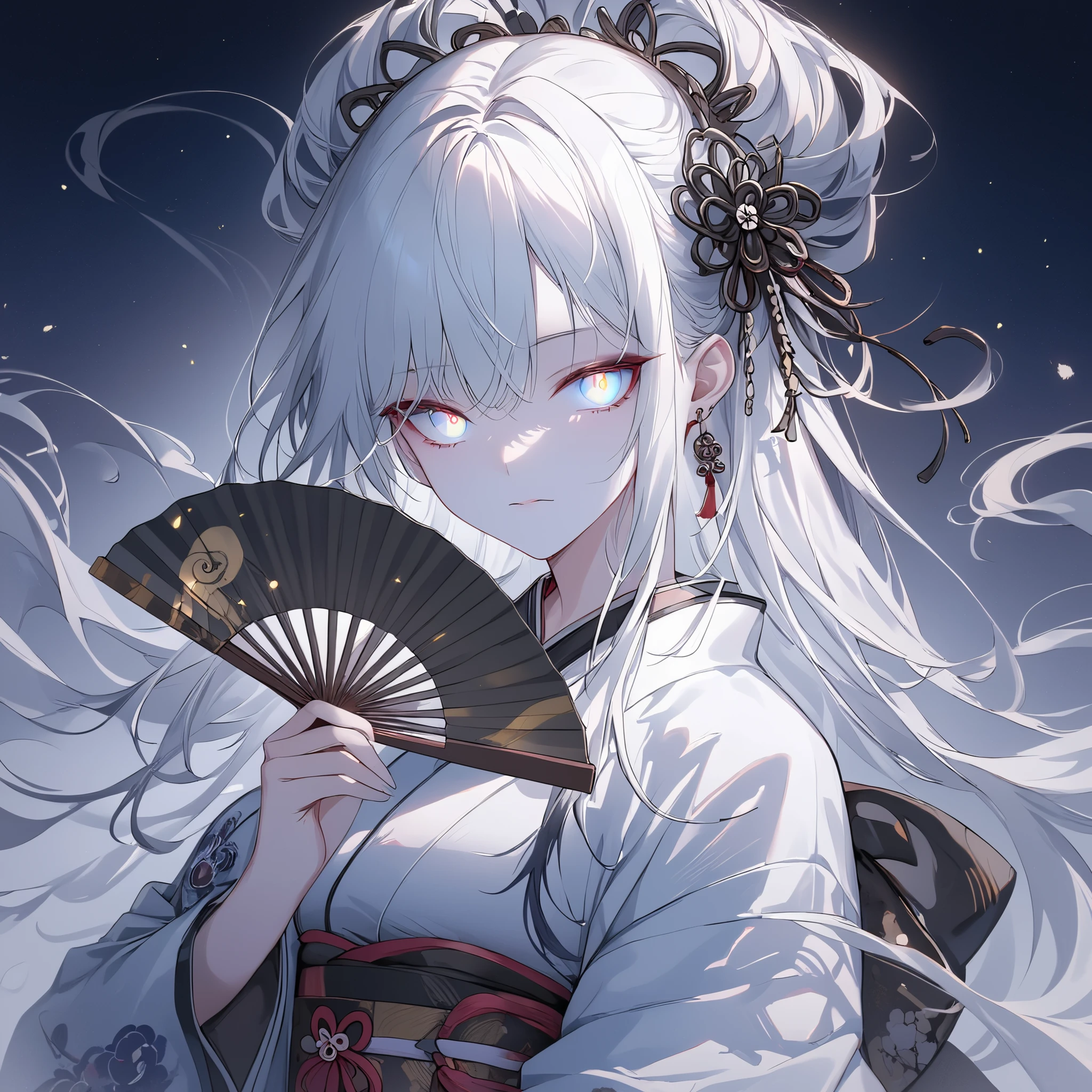 8K, RAW Photos Box, better quality, masterpiece: 1.4, Ultra-high resolution, extremely detailed, soft lighting, ((1girl)), black and white hair, dyed hair, long hair, multicolored eyes, glowing eyes, kimono, folding fan,