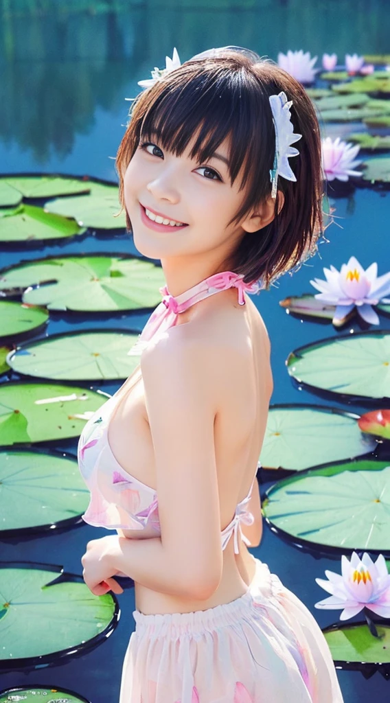 (best quality:1.2), (masterpiece:1.2), full body, very detailed, high resolution, 8k, cute Japanese woman, cute 24 year old beauty, slim body, (slightly saggy medium breasts), thin lips, detailed face, Beautiful and elegant face, cute face, natural bangs, arched eyebrows, well-groomed eyebrows, (big eyes with a good balance between the left and right sides), cute eyes, beautiful eyes, beautiful thin nose, beautiful face line, (beautiful skin), medium hair, medium bob hair, natural bangs, slim face, slim figure, (looking at the camera with a gentle smile), beautiful legs, smooth skin , slim and beautiful thighs, cute and sexy slim 24 year old woman, fair skin , Beautiful breasts, medium breasts, I-type Valley, cleavage, (The best lighting:1.5), Naked, nude, ((Thong:1.5)),