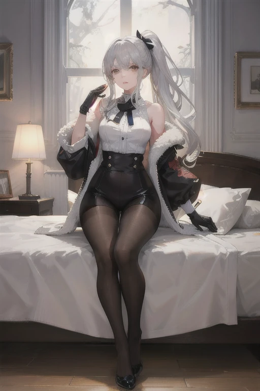 (((1 girl)),ray tracing,(dim lighting),[detailed background (bedroom)),((silver hair)),((silver hair)),(Fluffy silver hair, plump slender girl)) with high ponytail)))) Avoid blonde eyes in the ominous bedroom ((((Girl wears intricately embroidered black high-waisted pants with pantyhose) and white ruffled bow gloves), showing a delicate slim figure and graceful curves, correct limbs, sitting on the bed